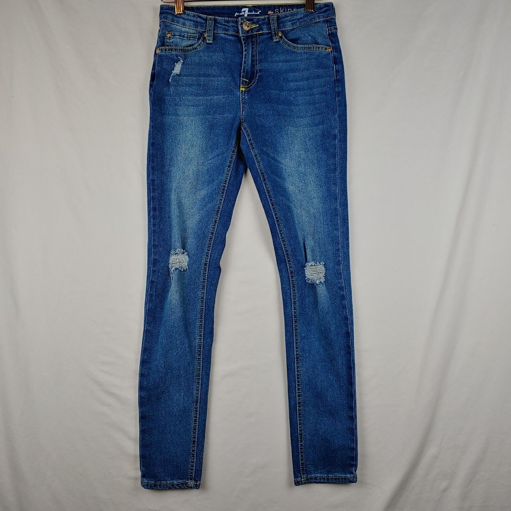 7 For All Mankind Jeans Girls 12 (26x26.5) Blue Skinny Medium Distressed Denim